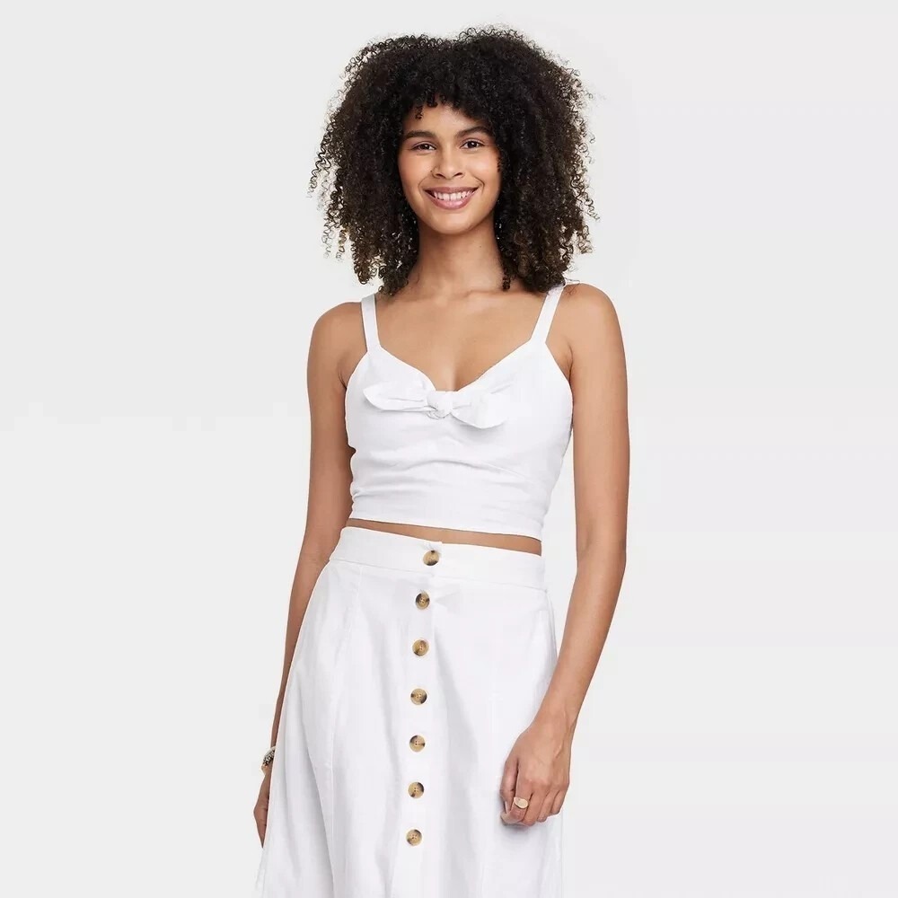 Universal Thread Crop Top M White Linen Blend Tie Front Coastal Boho Beach